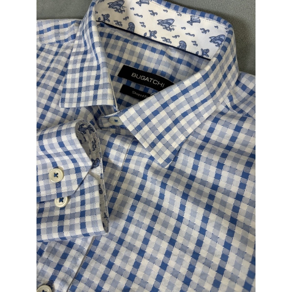 Bugatchi Shirt Button Down Short Sleeve Blue Check Mens‎ Size L